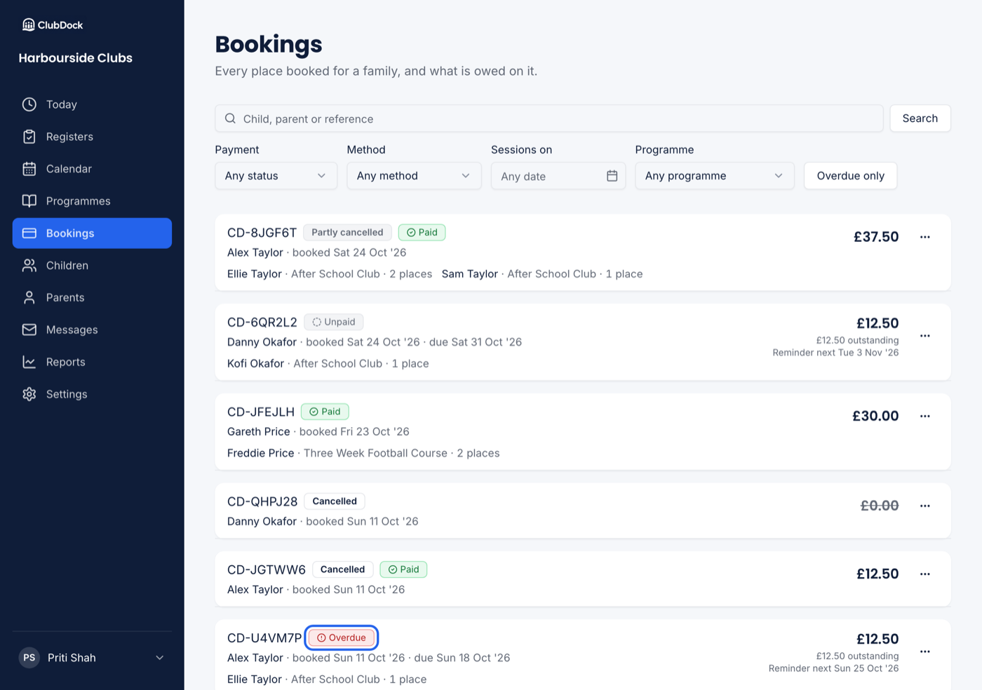 The bookings list with a booking card showing child and programme pairings, the status highlighted