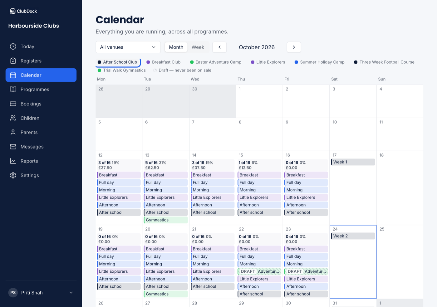The calendar with one programme's figures shown, the legend entry highlighted