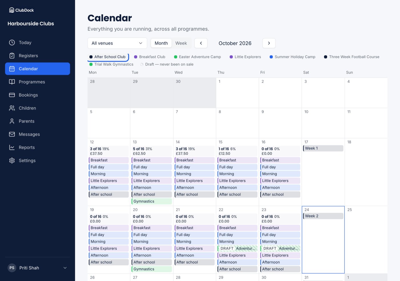 The calendar with one programme's figures shown, the legend entry highlighted