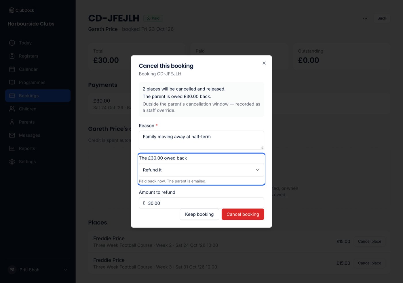 The Cancel this booking dialog, with the choice of what happens to the money owed back highlighted