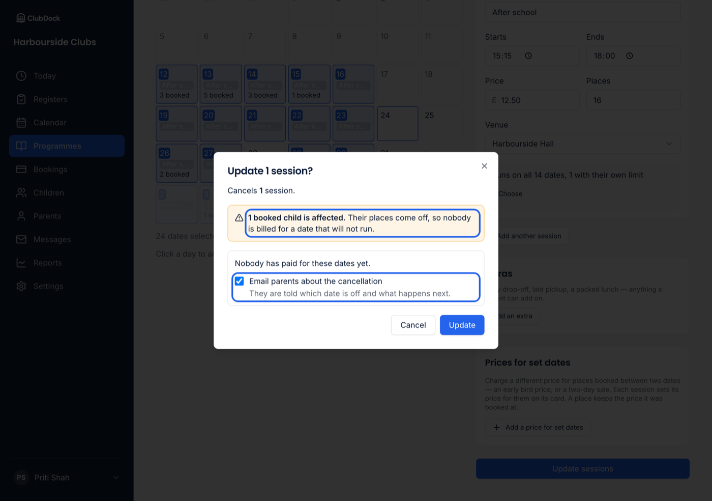 The preview before cancelling a booked date, with the children affected and the choice to email parents highlighted