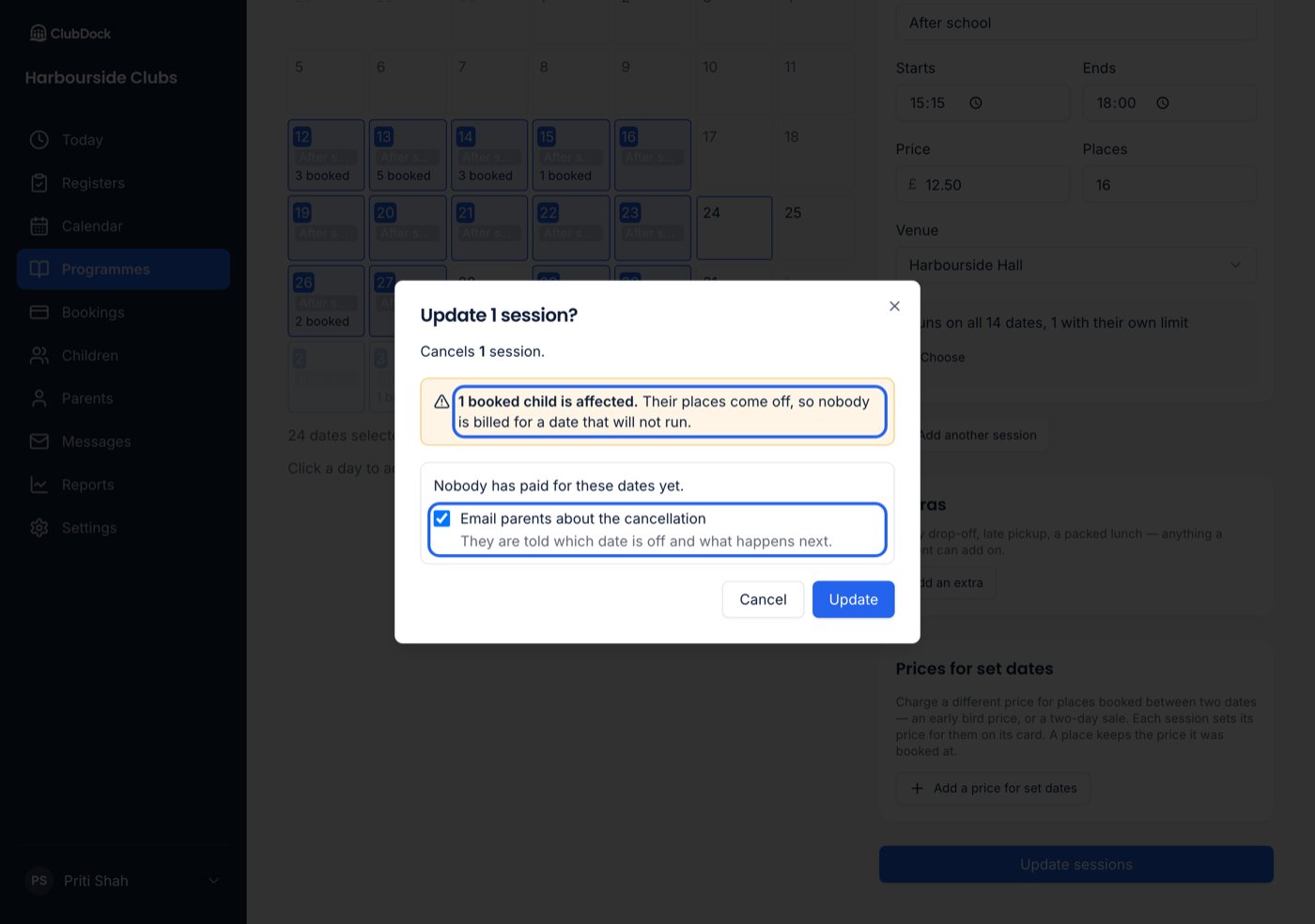 The preview before cancelling a booked date, with the children affected and the choice to email parents highlighted