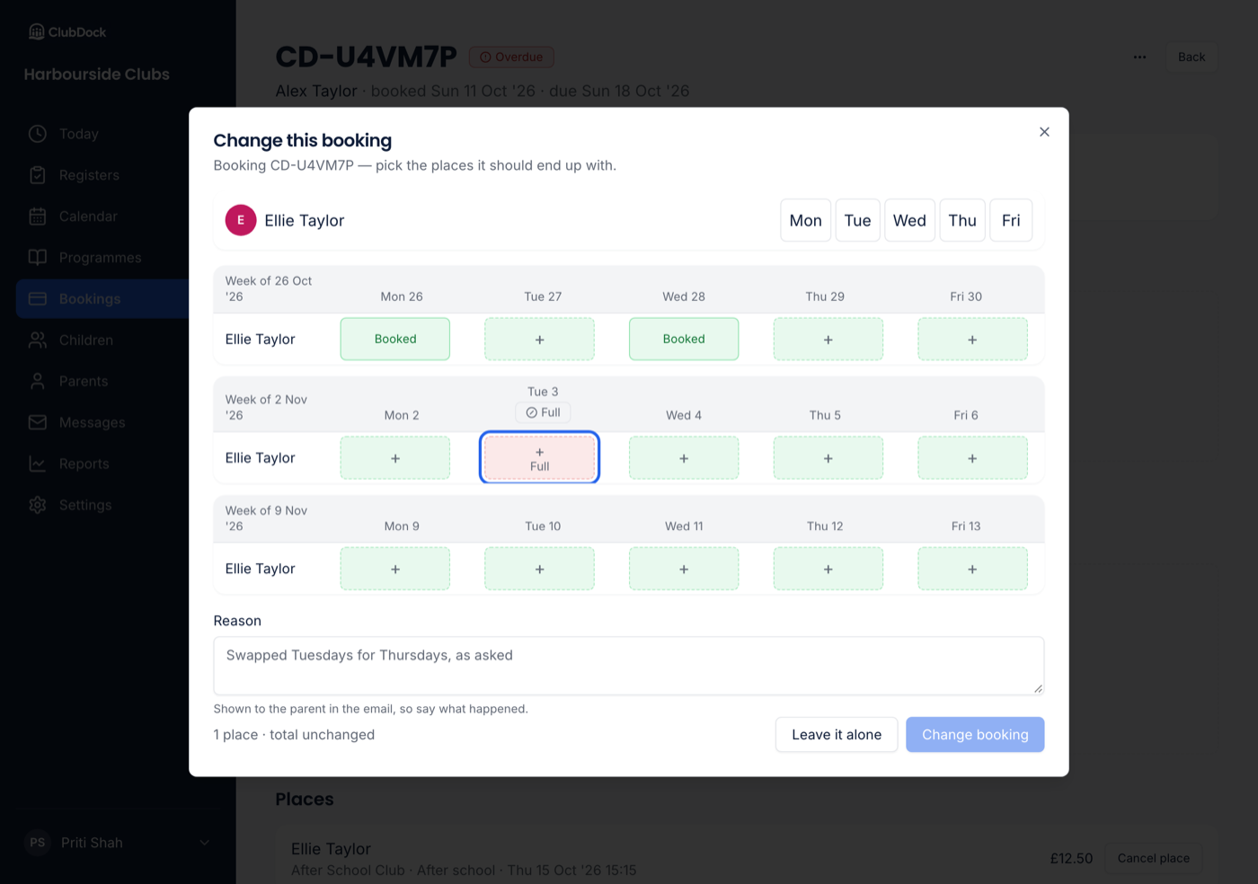 Change this booking with the planner open, the places on other bookings marked Booked, and a full session marked Full under its plus