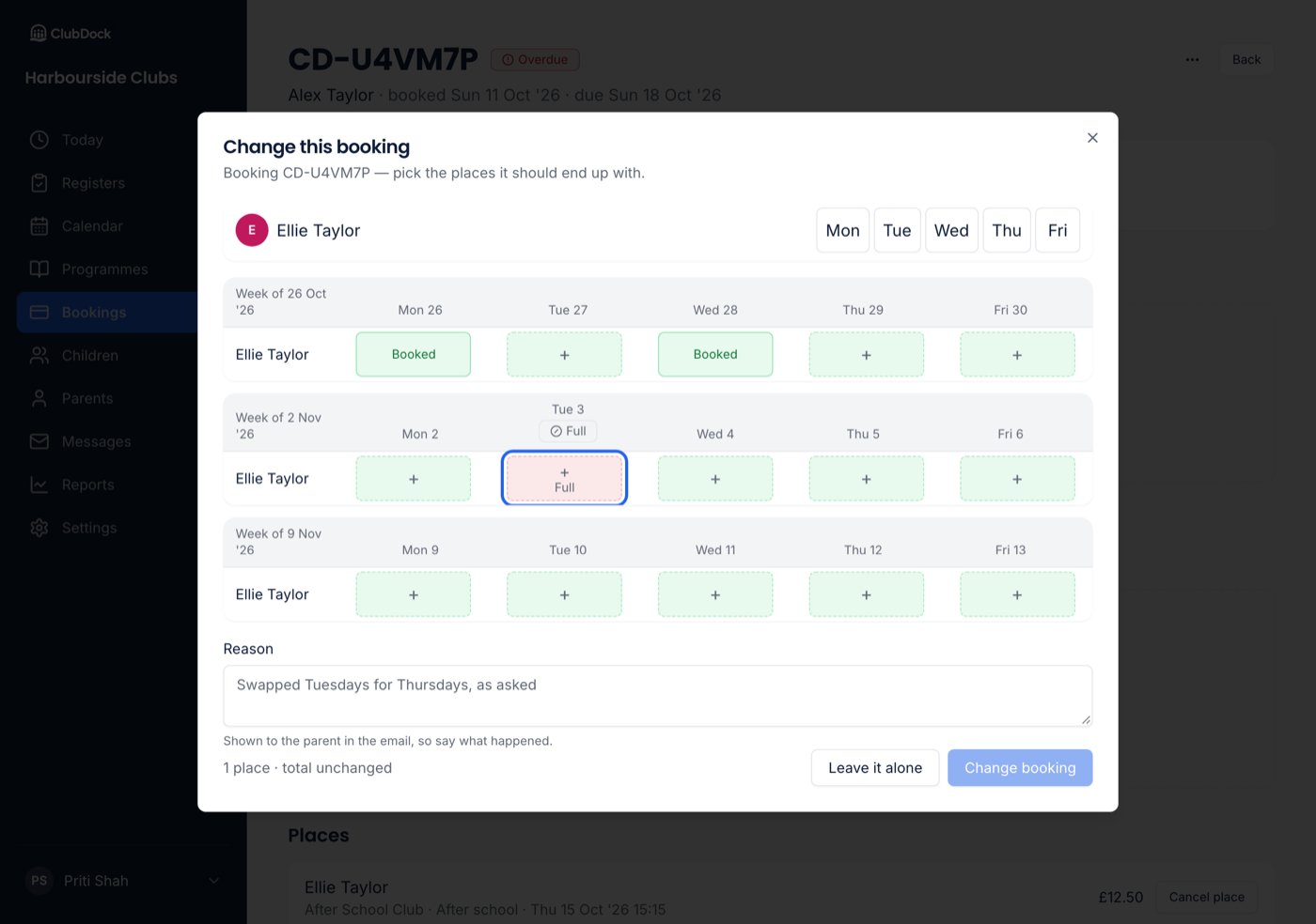 Change this booking with the planner open, the places on other bookings marked Booked, and a full session marked Full under its plus