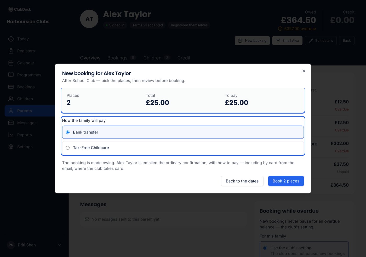The review step of New booking, with the places, total and what is left to pay, and how the family will pay, highlighted