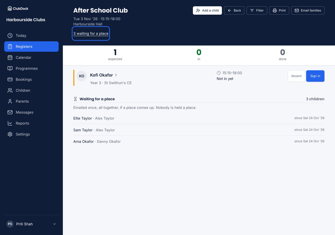 A register showing 3 waiting for a place under the session details
