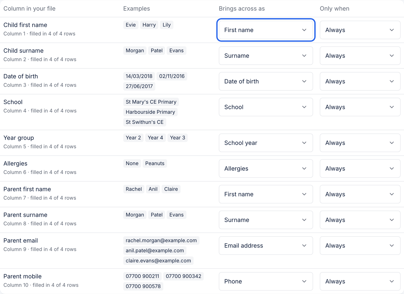 Check the columns, with the "brings across as" choices highlighted