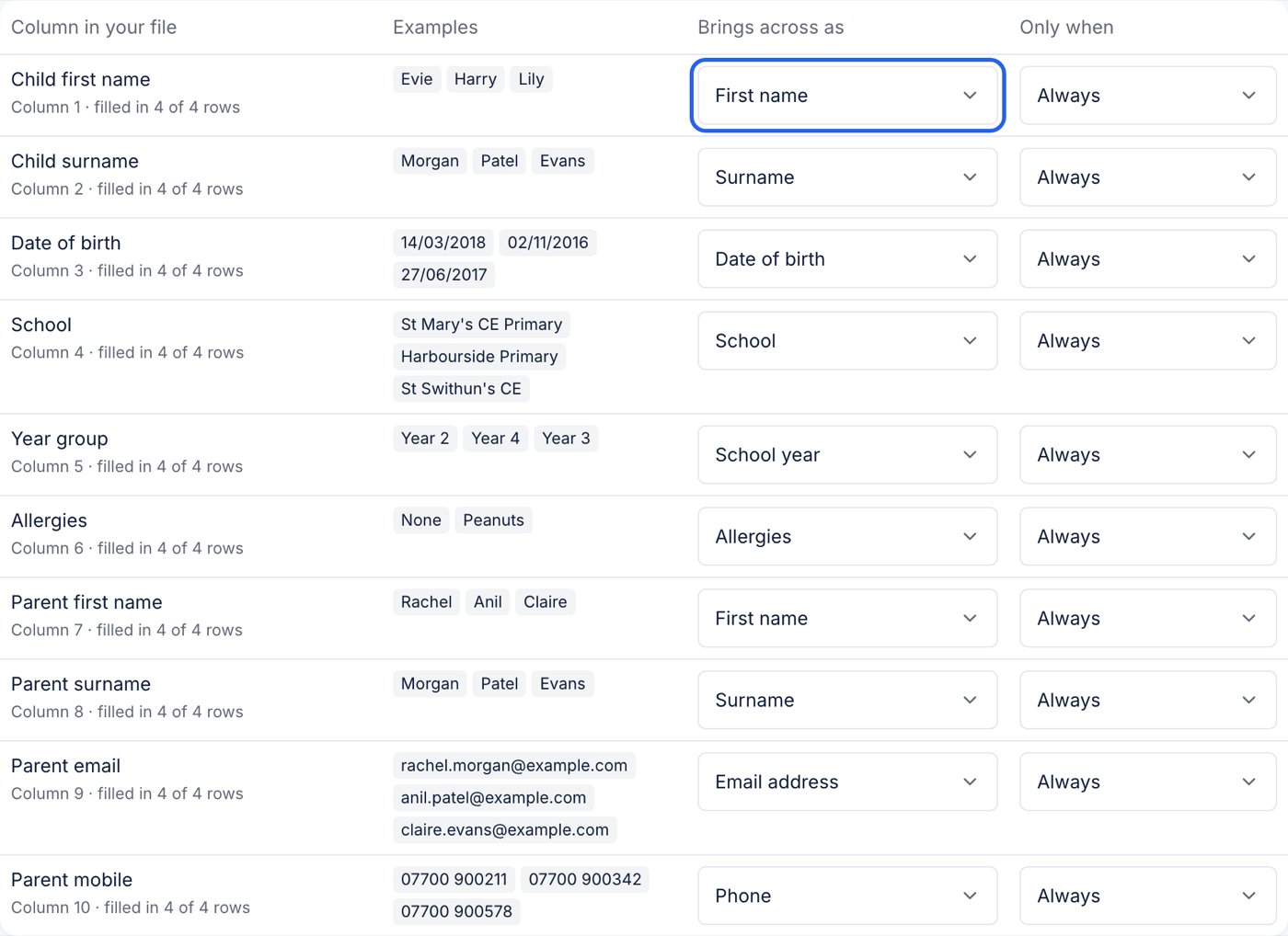 Check the columns, with the "brings across as" choices highlighted