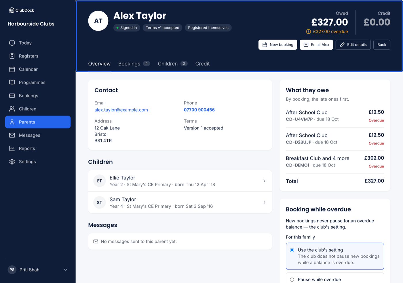 A parent's record header with New booking, the owed and overdue figures, and the tabs highlighted