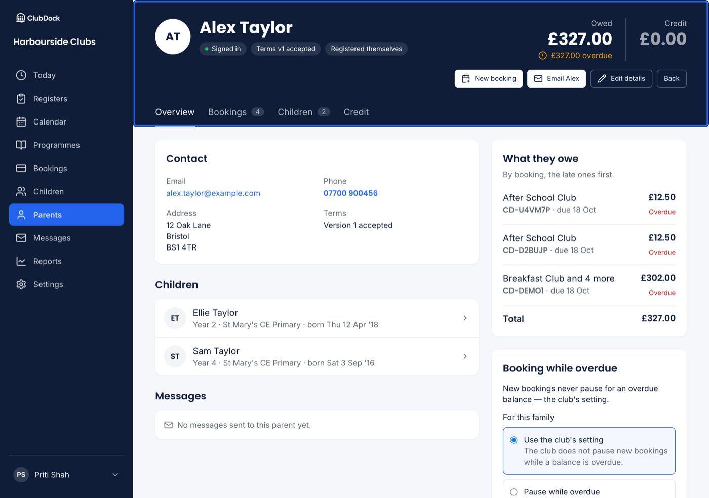 A parent's record header with New booking, the owed and overdue figures, and the tabs highlighted