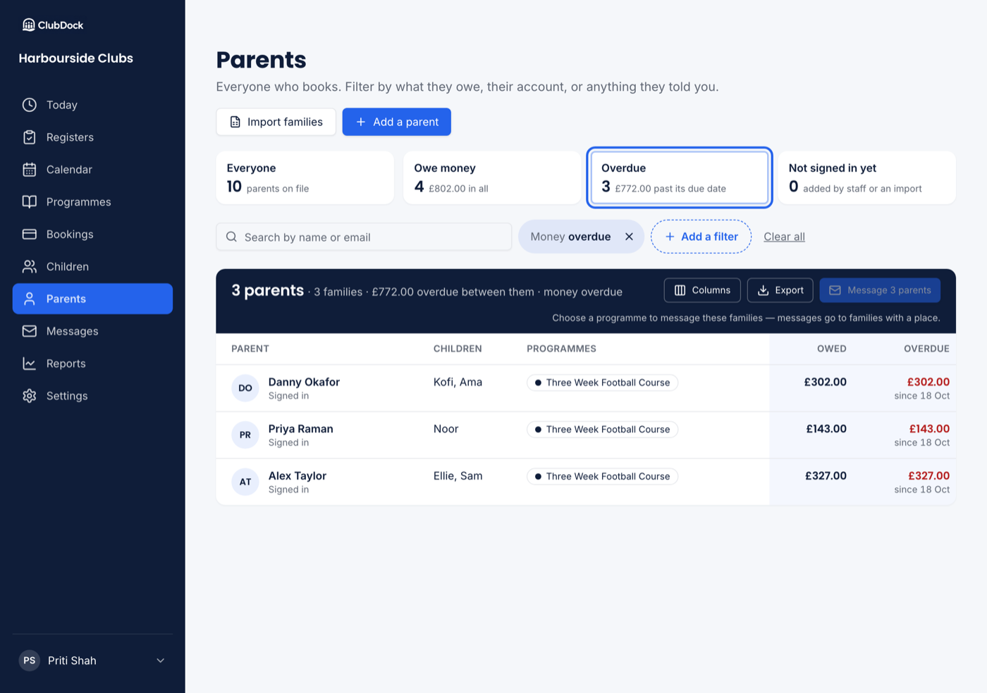The Parents list with the four tiles, the Overdue tile highlighted