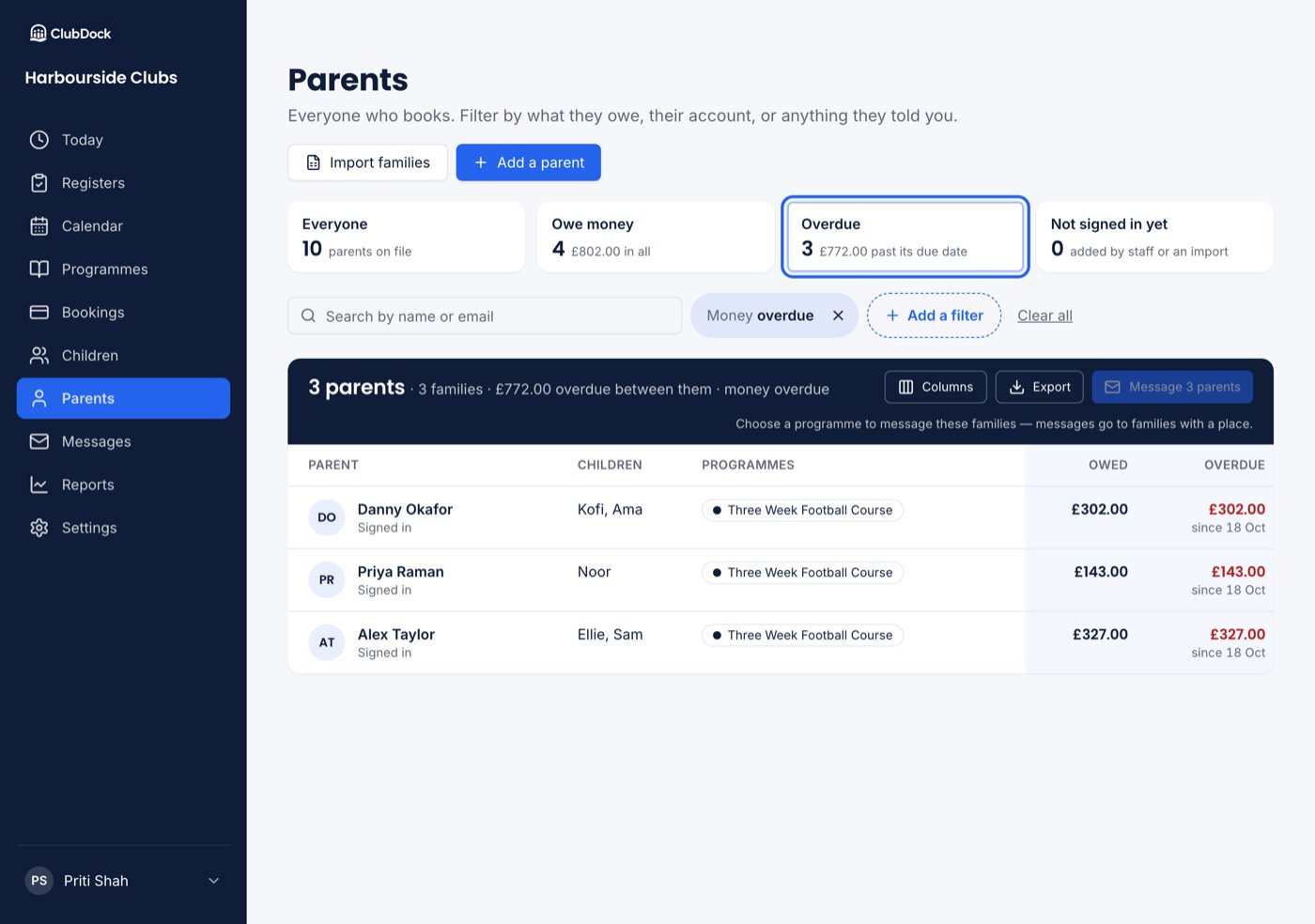 The Parents list with the four tiles, the Overdue tile highlighted