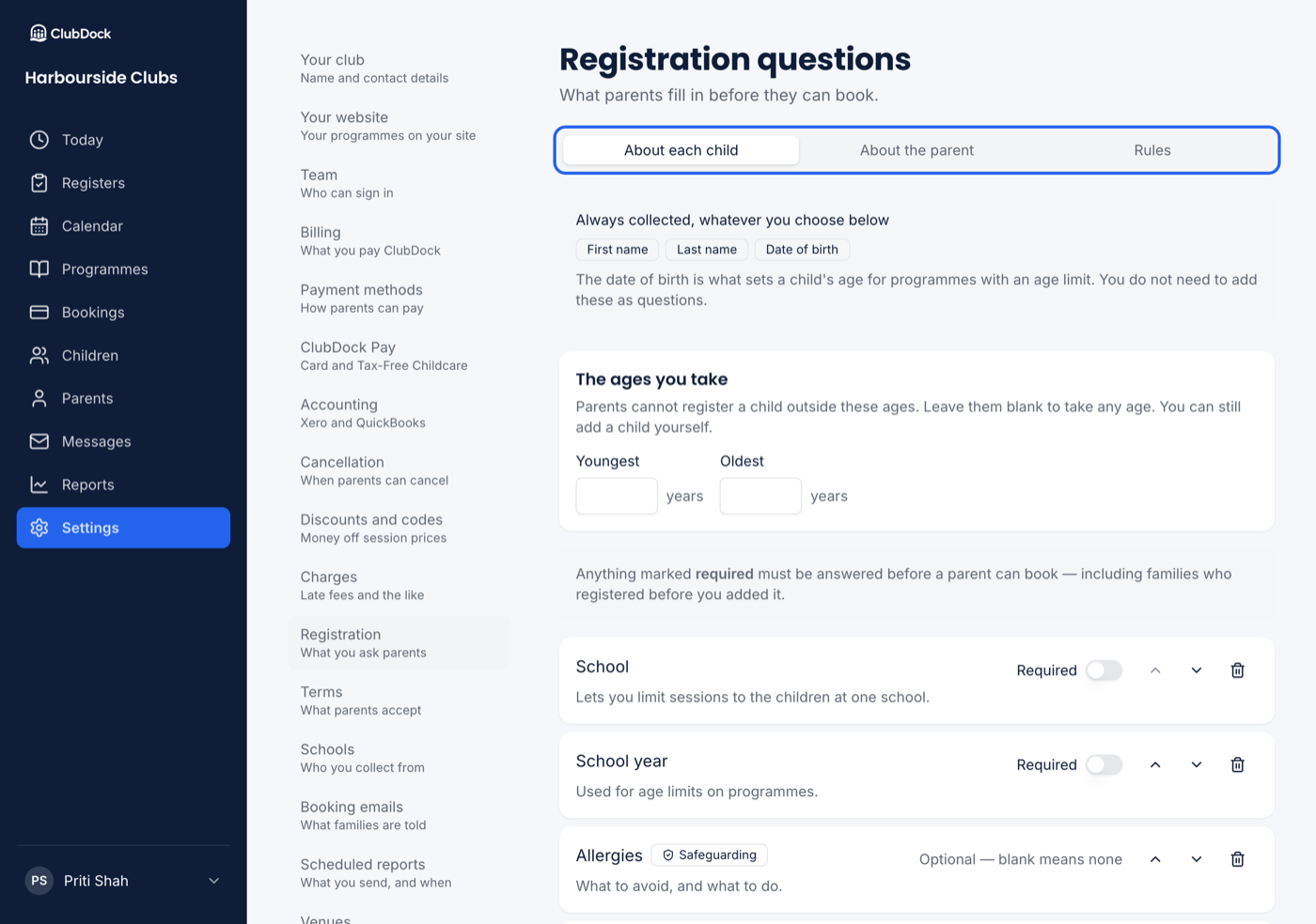 Settings → Registration on the About each child tab, with the tab row highlighted