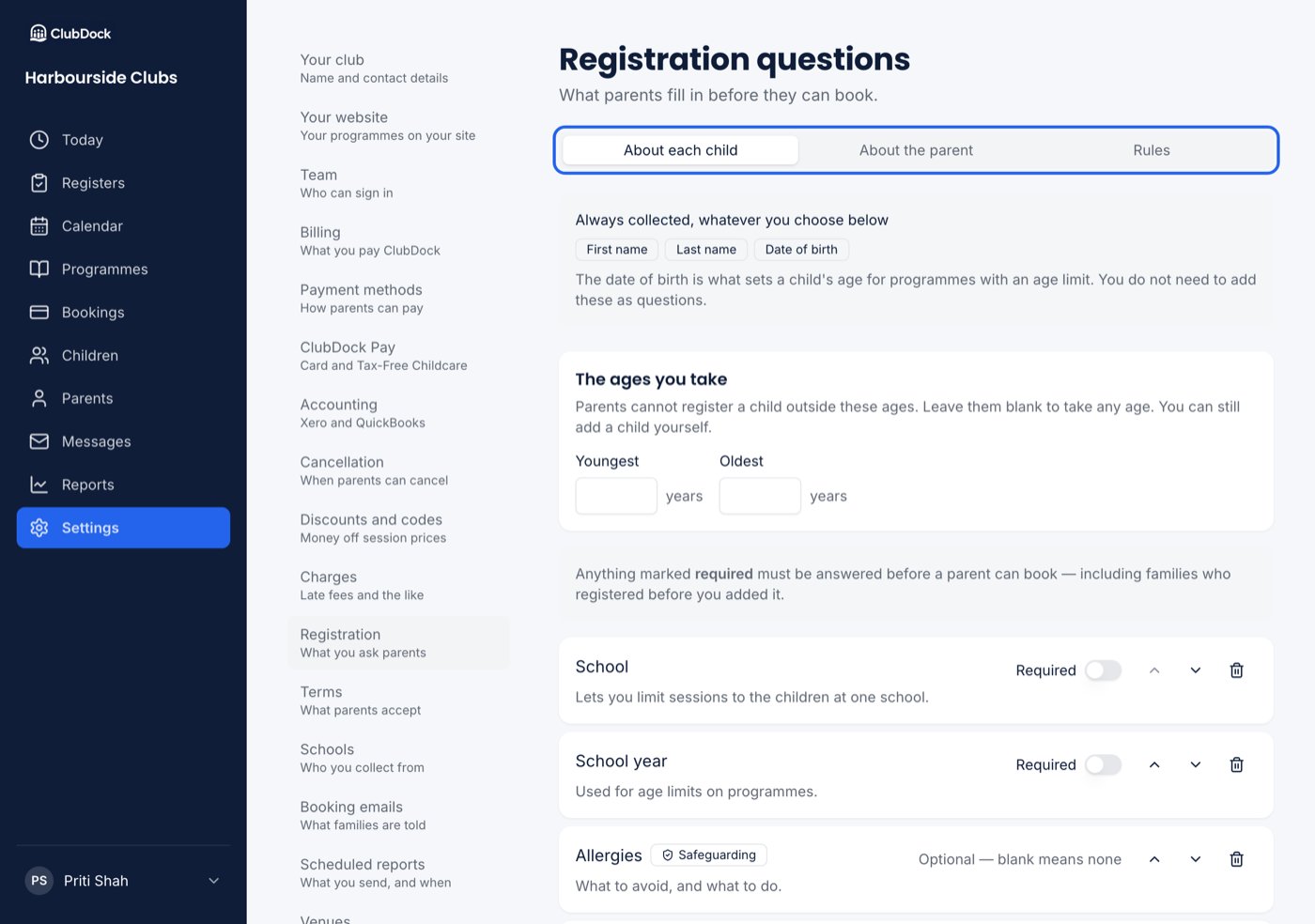 Settings → Registration on the About each child tab, with the tab row highlighted
