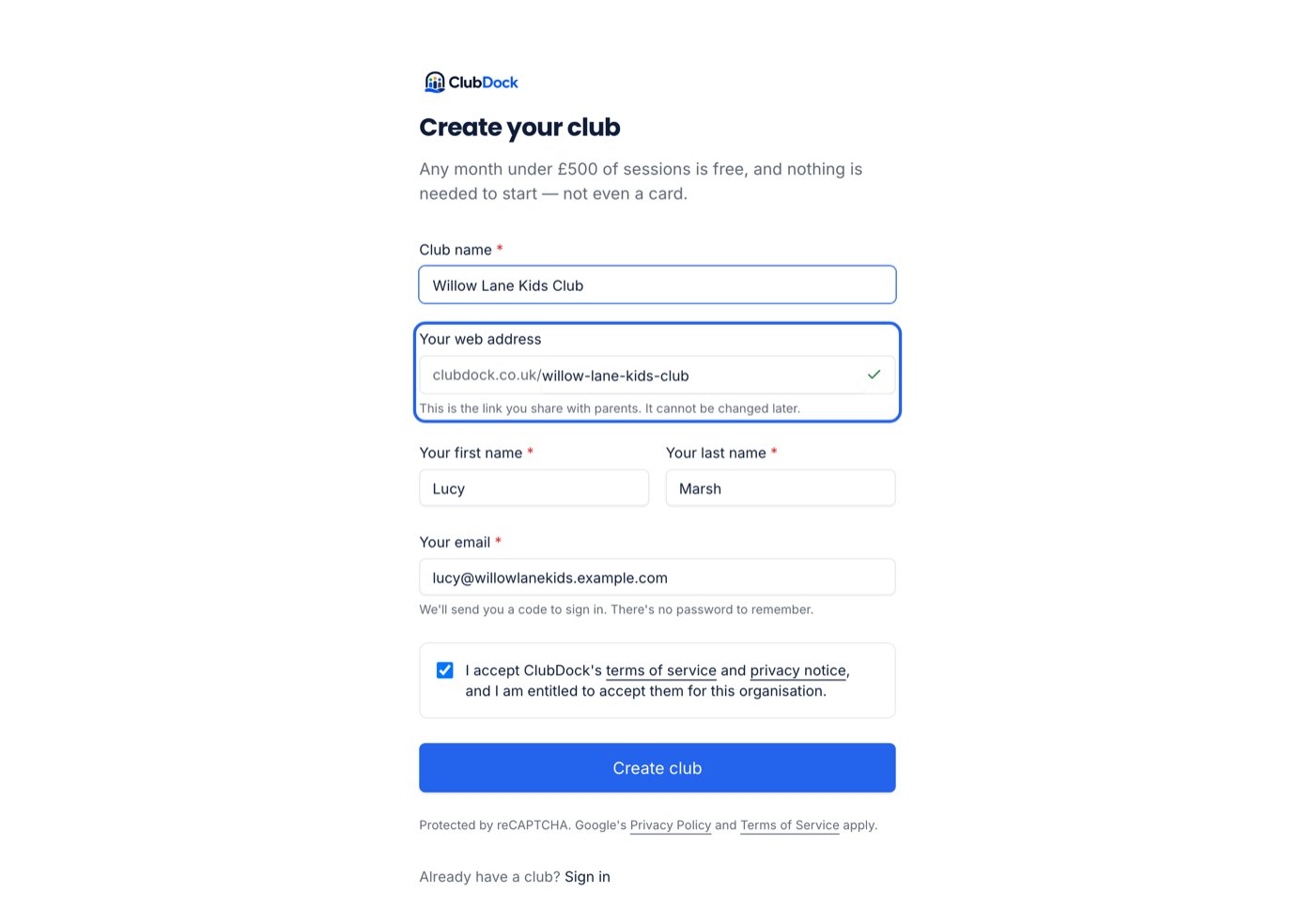 The Create your club form with a club name filled in and the web address shown as available