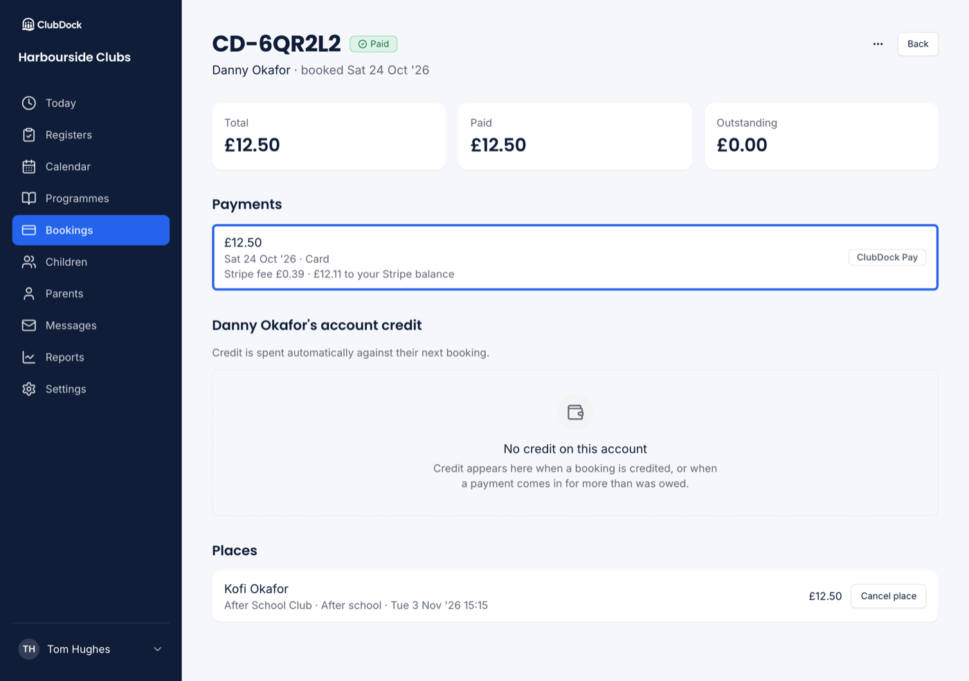 A booking's payments at 1280px, with the ClubDock Pay card payment and its Stripe fee highlighted