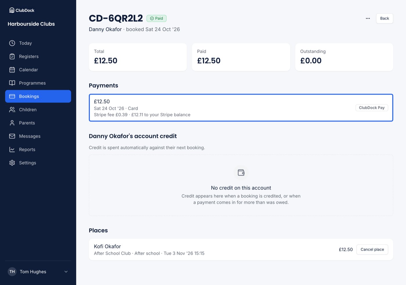 A booking's payments at 1280px, with the ClubDock Pay card payment and its Stripe fee highlighted