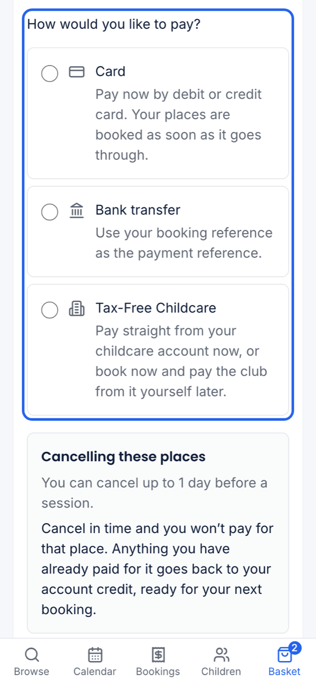 A parent's checkout at 375px offering Card, Bank transfer and Tax-Free Childcare