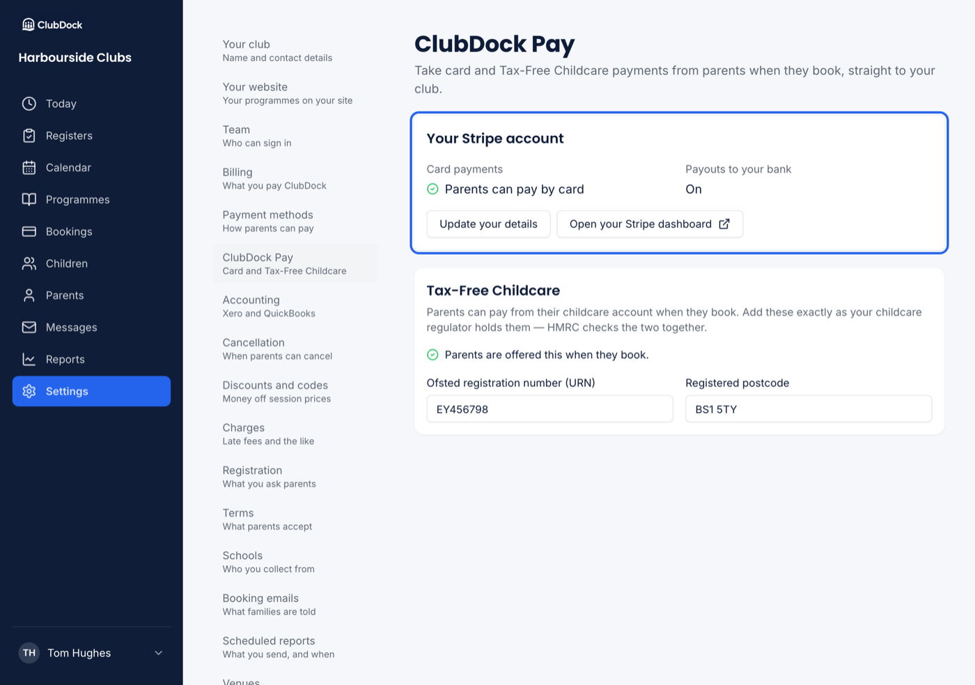 Settings → ClubDock Pay at 1280px with Your Stripe account showing Parents can pay by card, highlighted