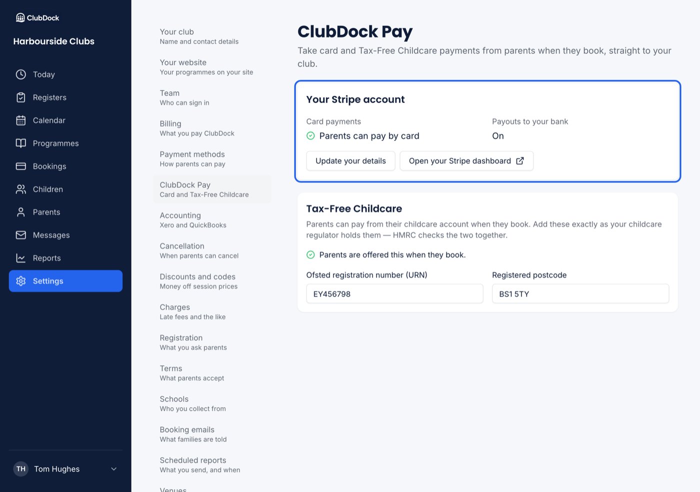 Settings → ClubDock Pay at 1280px with Your Stripe account showing Parents can pay by card, highlighted