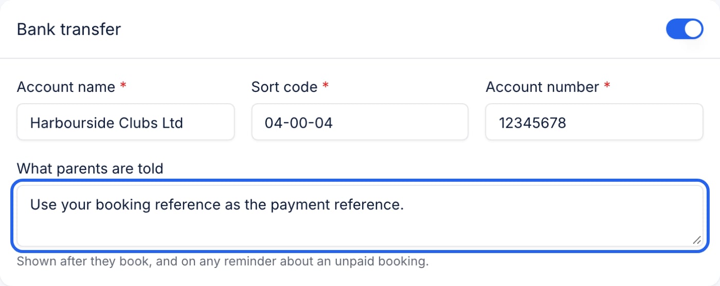 Bank transfer in Settings → Payment methods, with What parents are told highlighted
