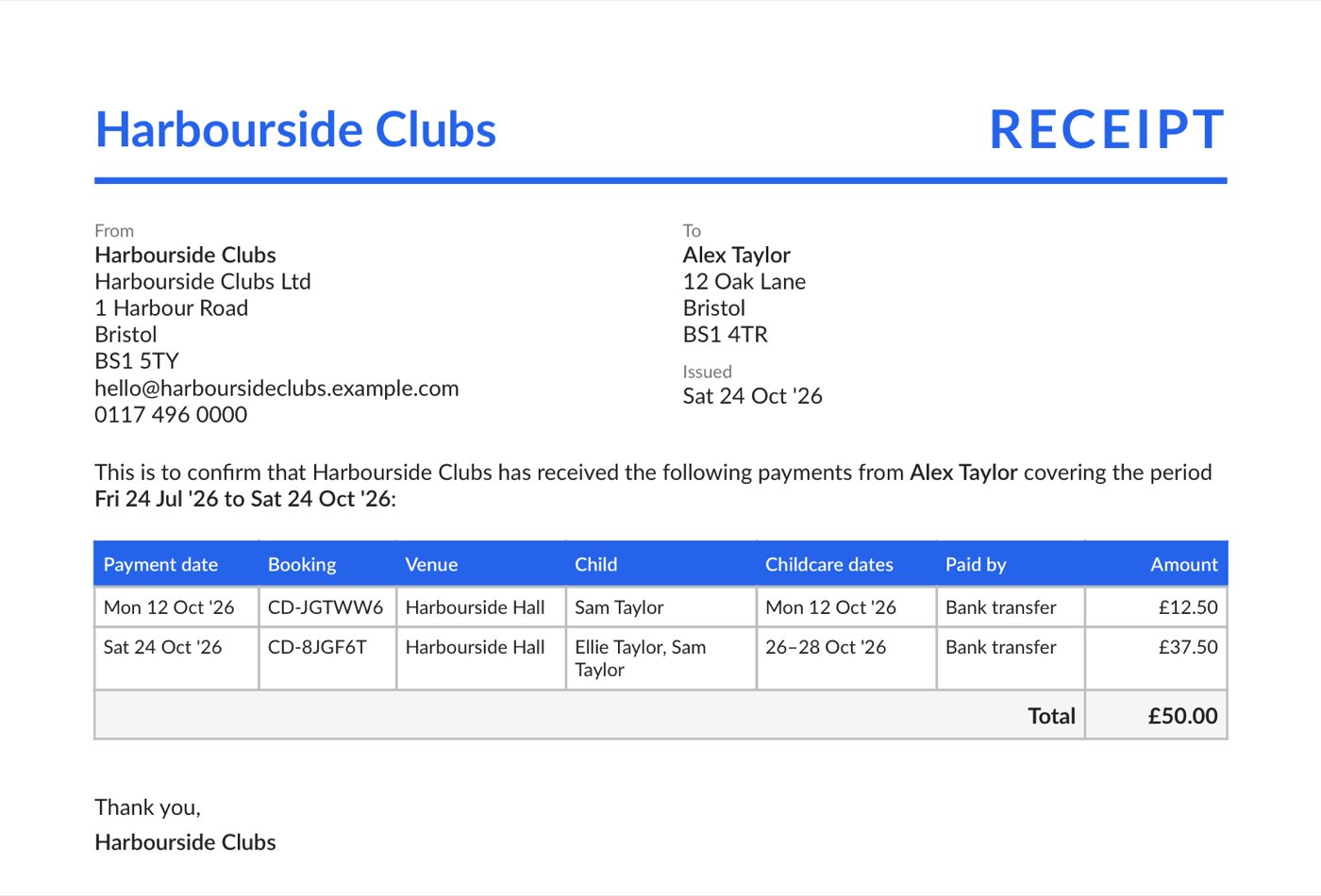 A payment receipt PDF for Alex Taylor from Harbourside Clubs, with the club letterhead and the payments table
