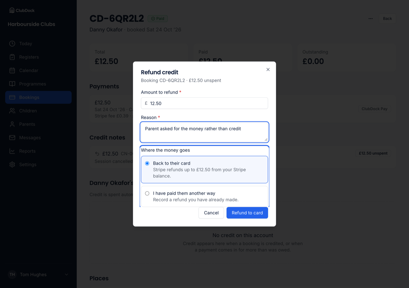 The Refund credit dialog at 1280px, with Back to their card and I have paid them another way highlighted