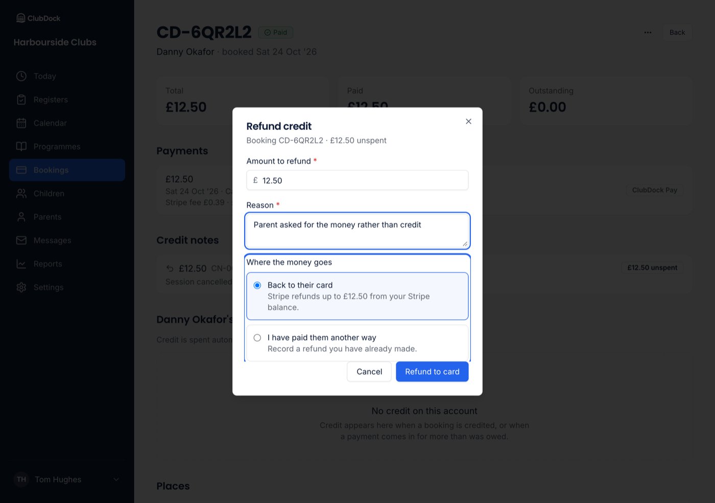The Refund credit dialog at 1280px, with Back to their card and I have paid them another way highlighted
