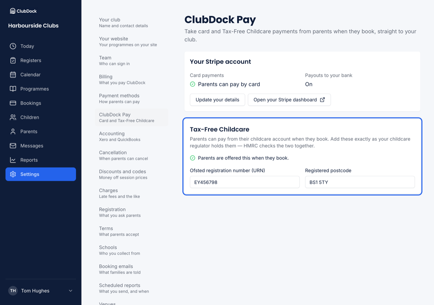 Settings → ClubDock Pay at 1280px, with the Tax-Free Childcare section and its two fields highlighted