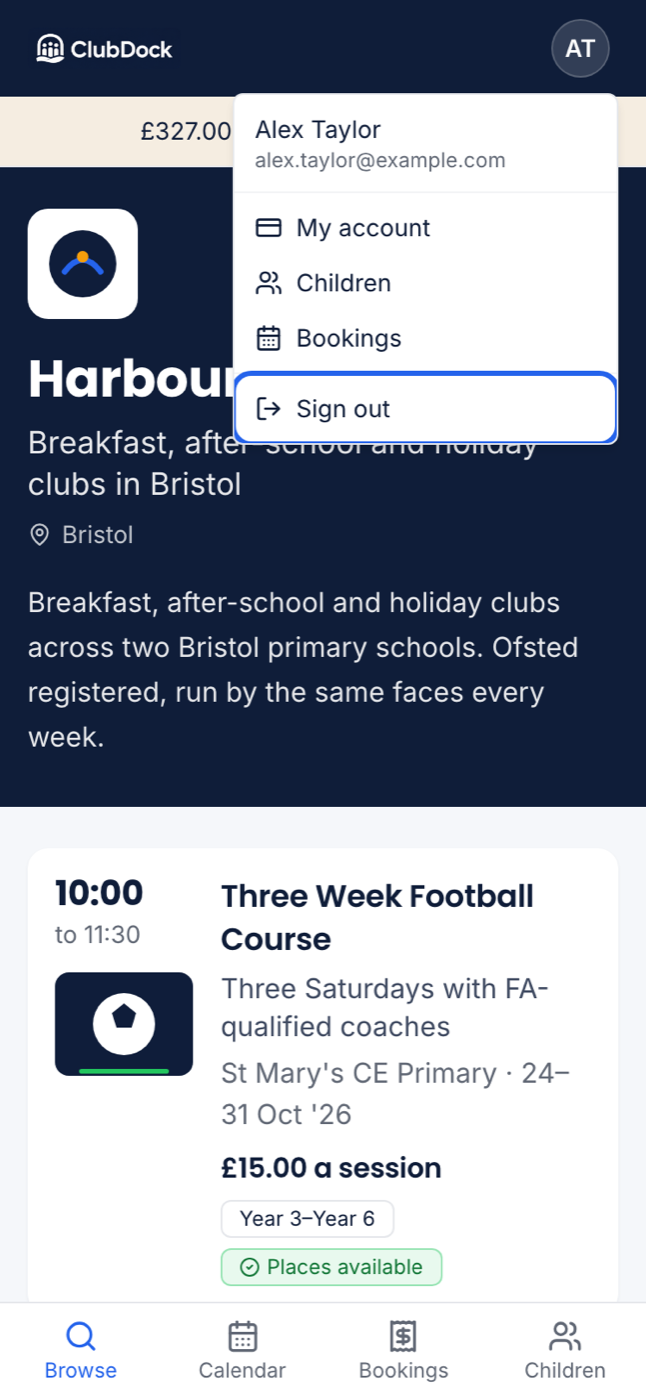 The menu under the parent's initials, with Sign out highlighted