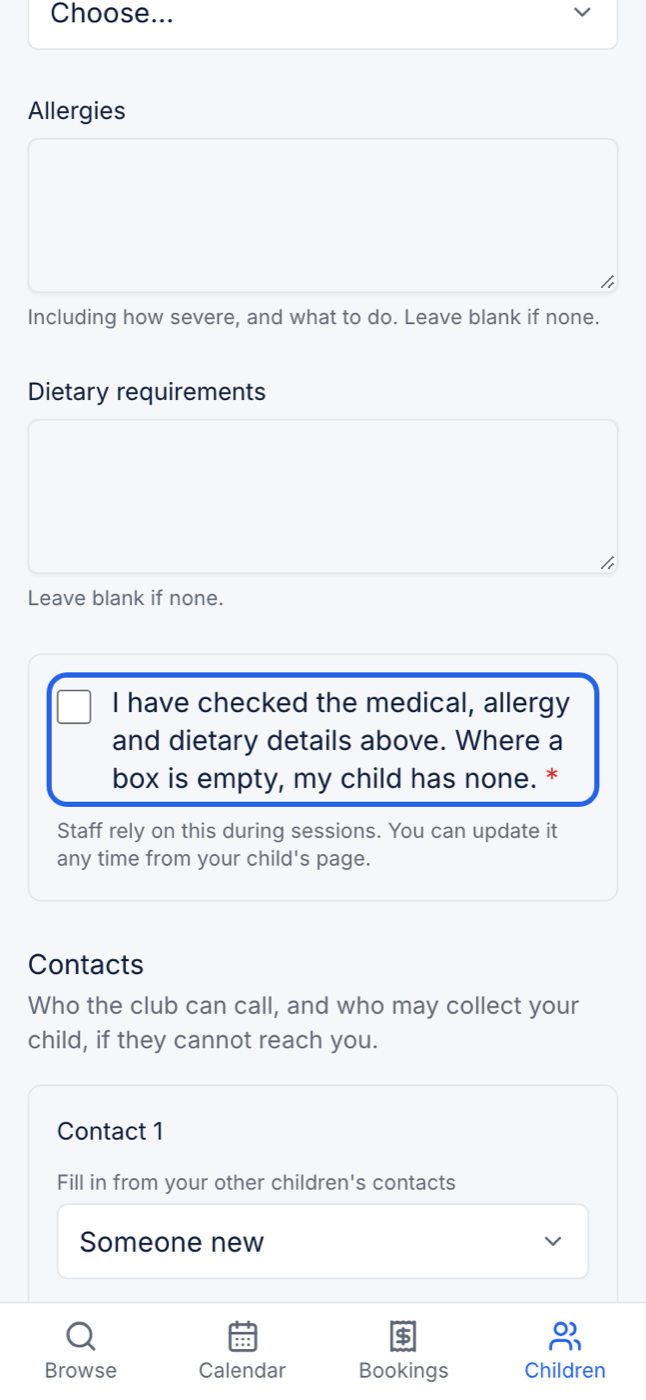 The add child form on a phone, showing the allergies box with "Leave blank if none" and the care confirmation tick box