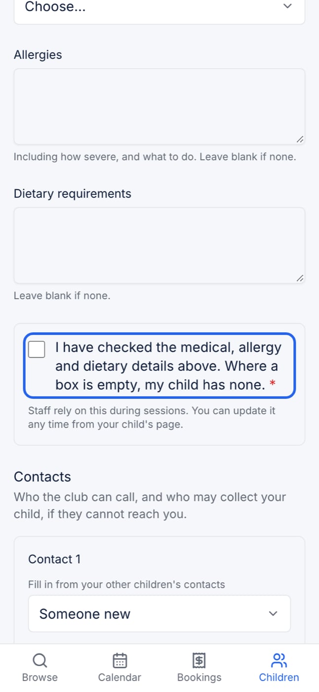 The add child form on a phone, showing the allergies box with "Leave blank if none" and the care confirmation tick box