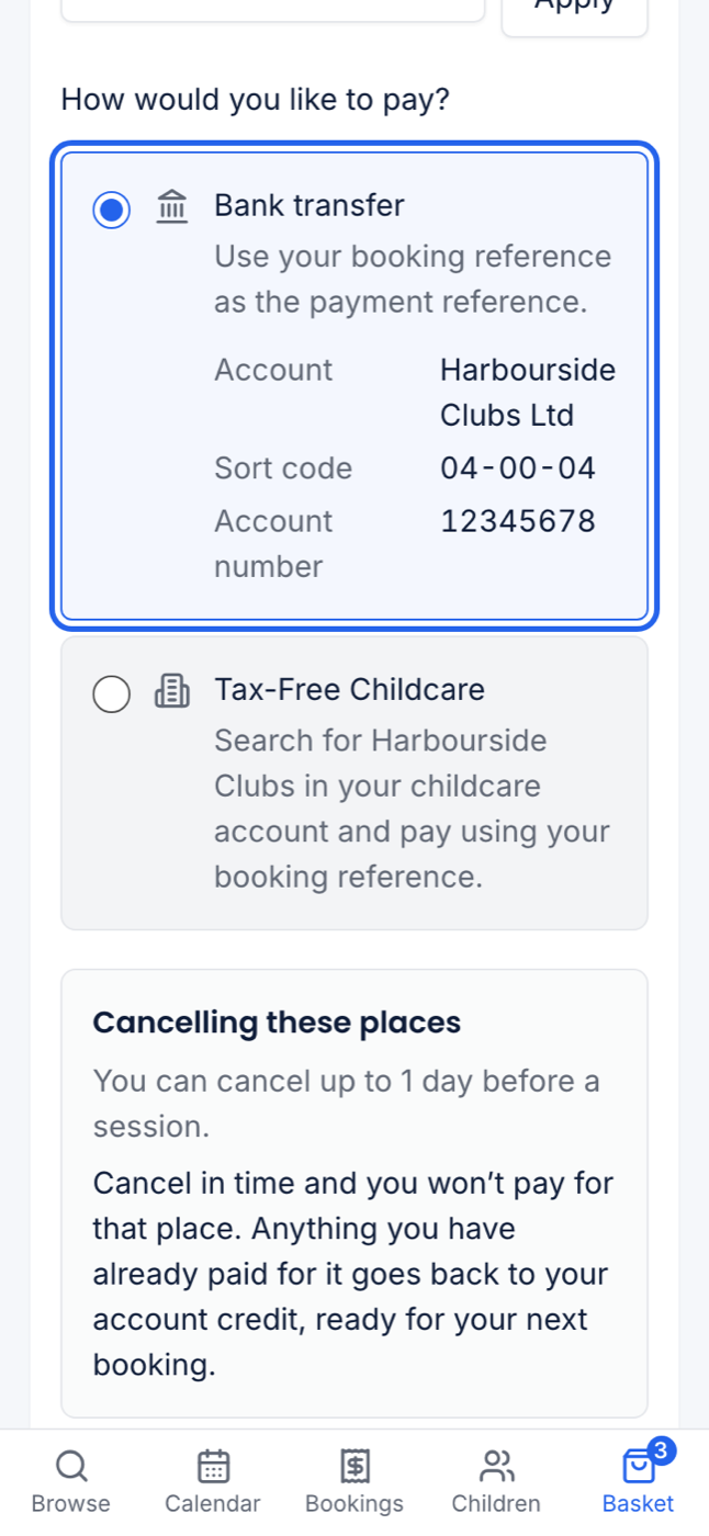 How would you like to pay? on a phone, with bank transfer chosen and the club's bank details shown