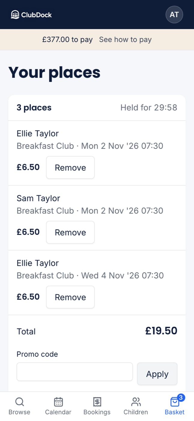 The basket on a phone with places for two children and the total