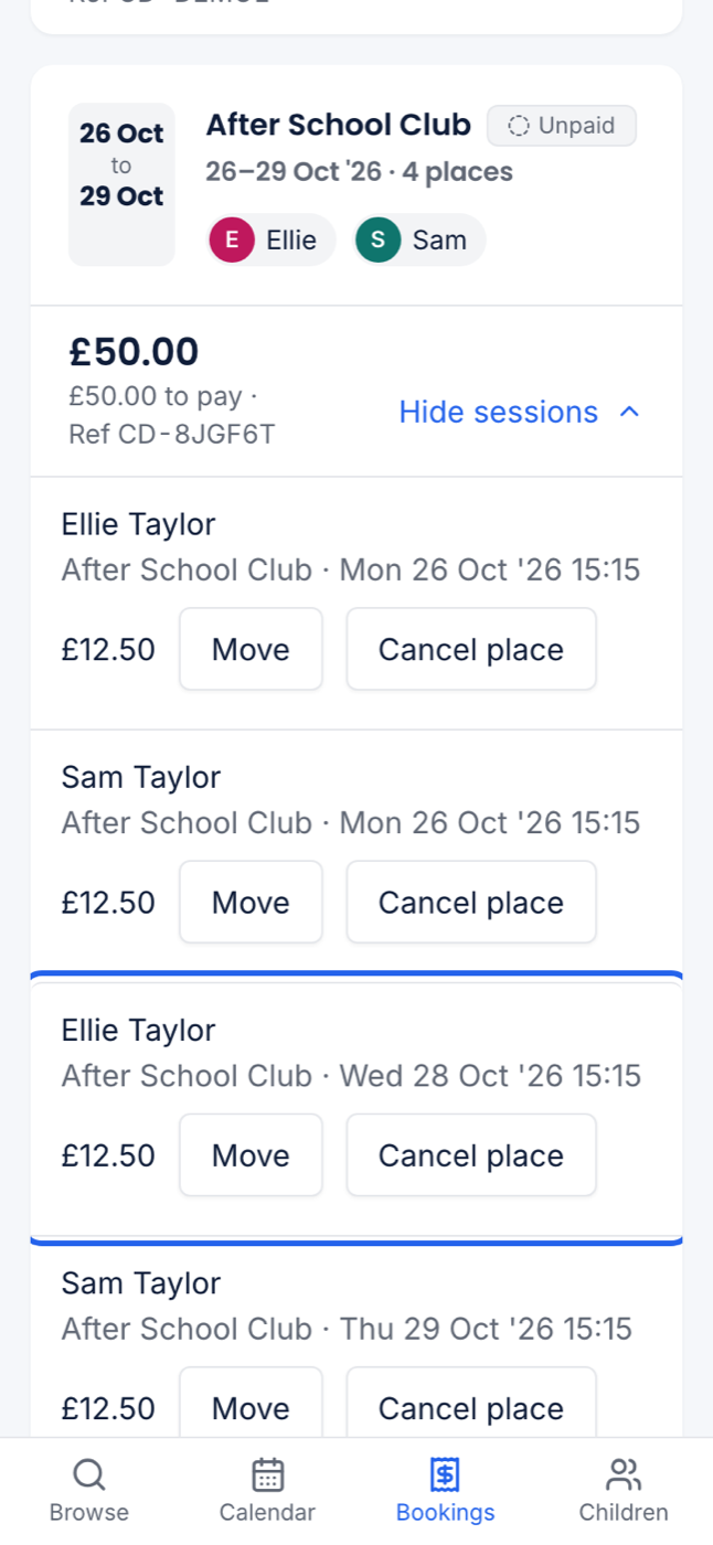 A booking card at 375px with View sessions open, showing Move and Cancel place on a place still to come