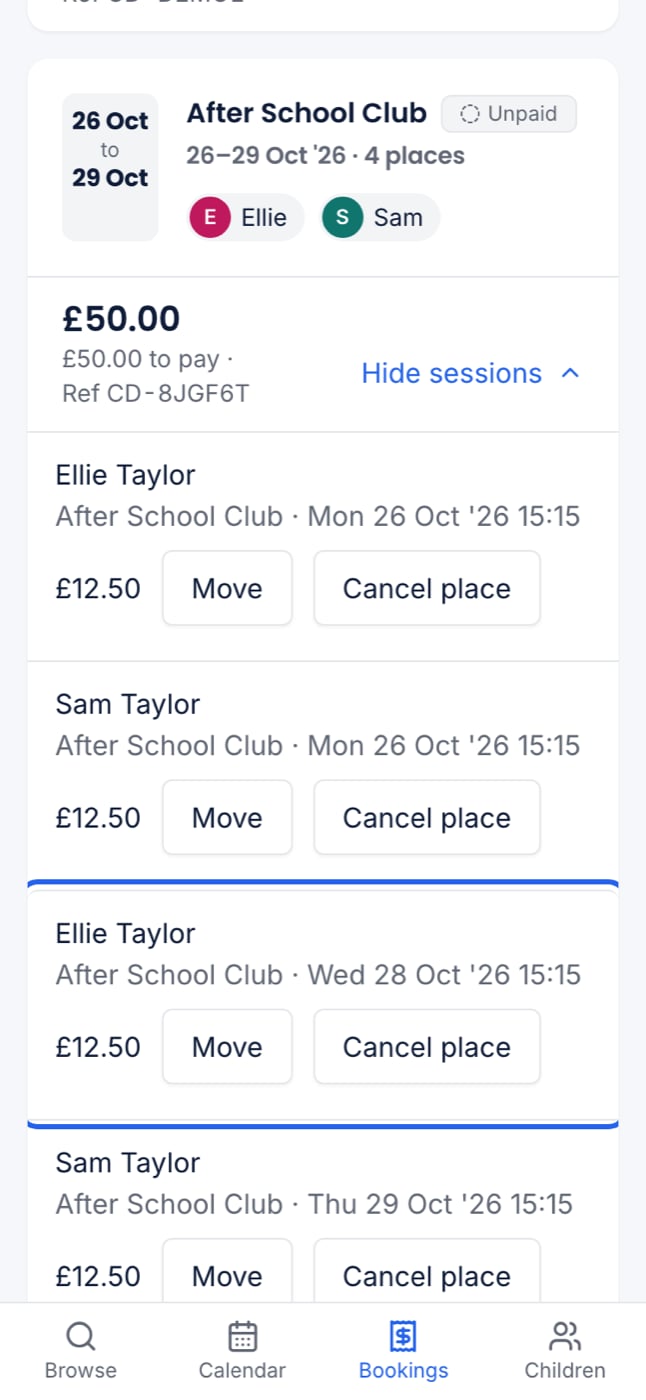 A booking card at 375px with View sessions open, showing Move and Cancel place on a place still to come