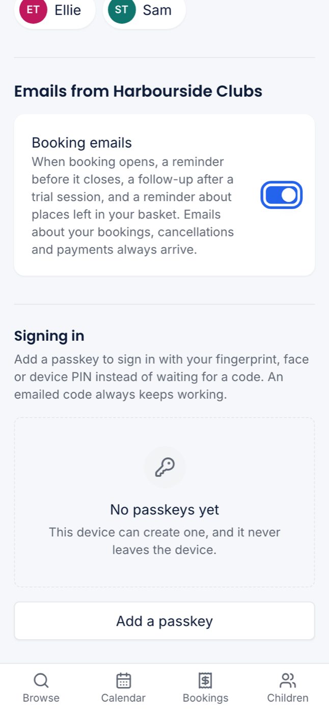 The Booking emails switch on My account at 375px