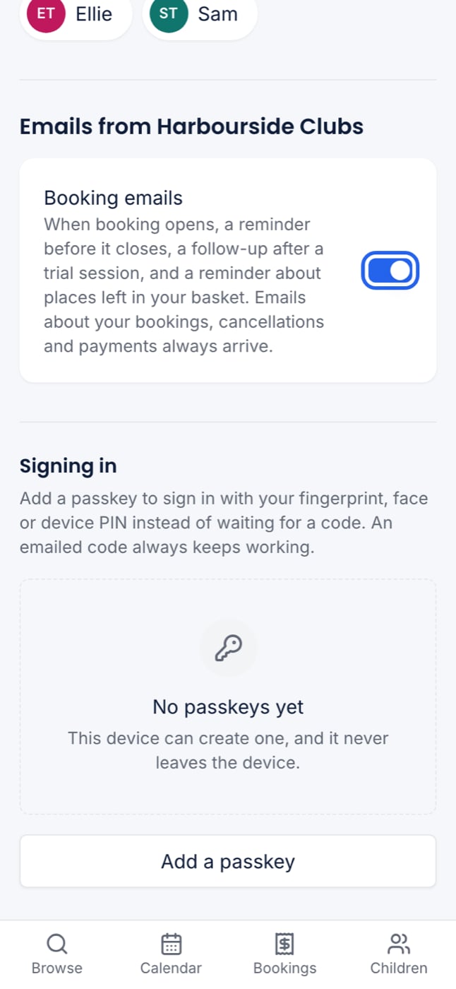 The Booking emails switch on My account at 375px