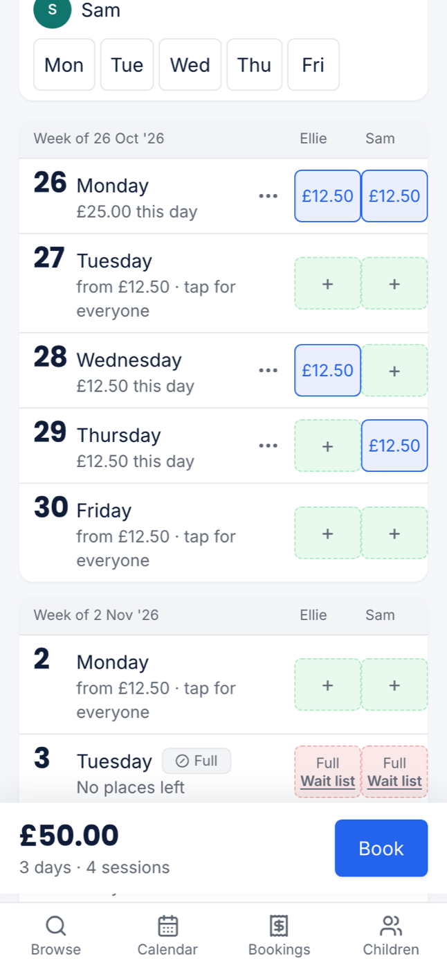 The booking grid on a phone with two children, some days chosen and the running total at the bottom