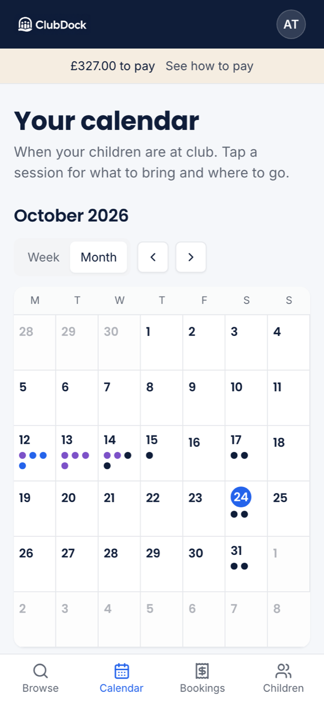 The calendar month at 375px with coloured dots on booked days