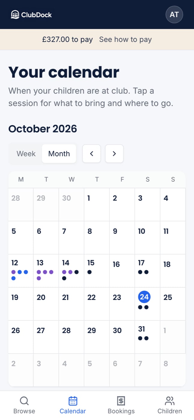 The calendar month at 375px with coloured dots on booked days
