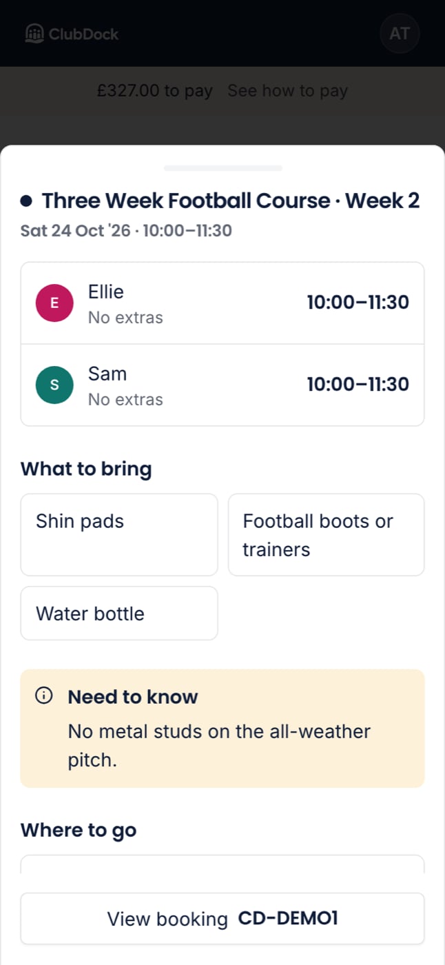 An open session at 375px showing What to bring and Where to go
