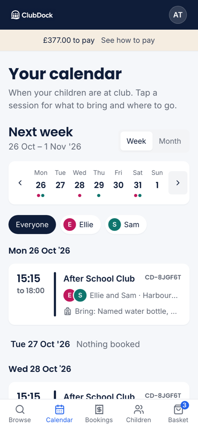The calendar week at 375px with the day strip and two session cards, one for two children