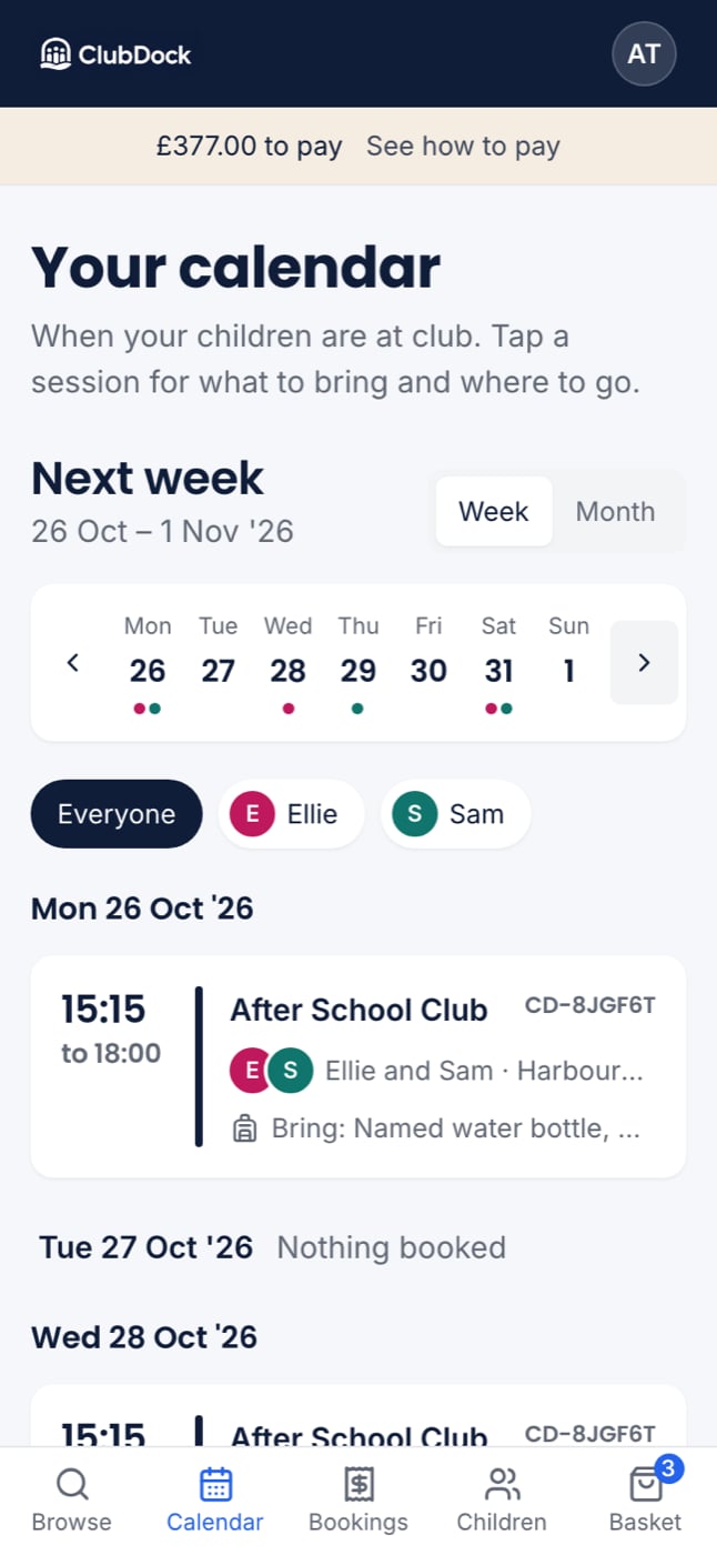 The calendar week at 375px with the day strip and two session cards, one for two children