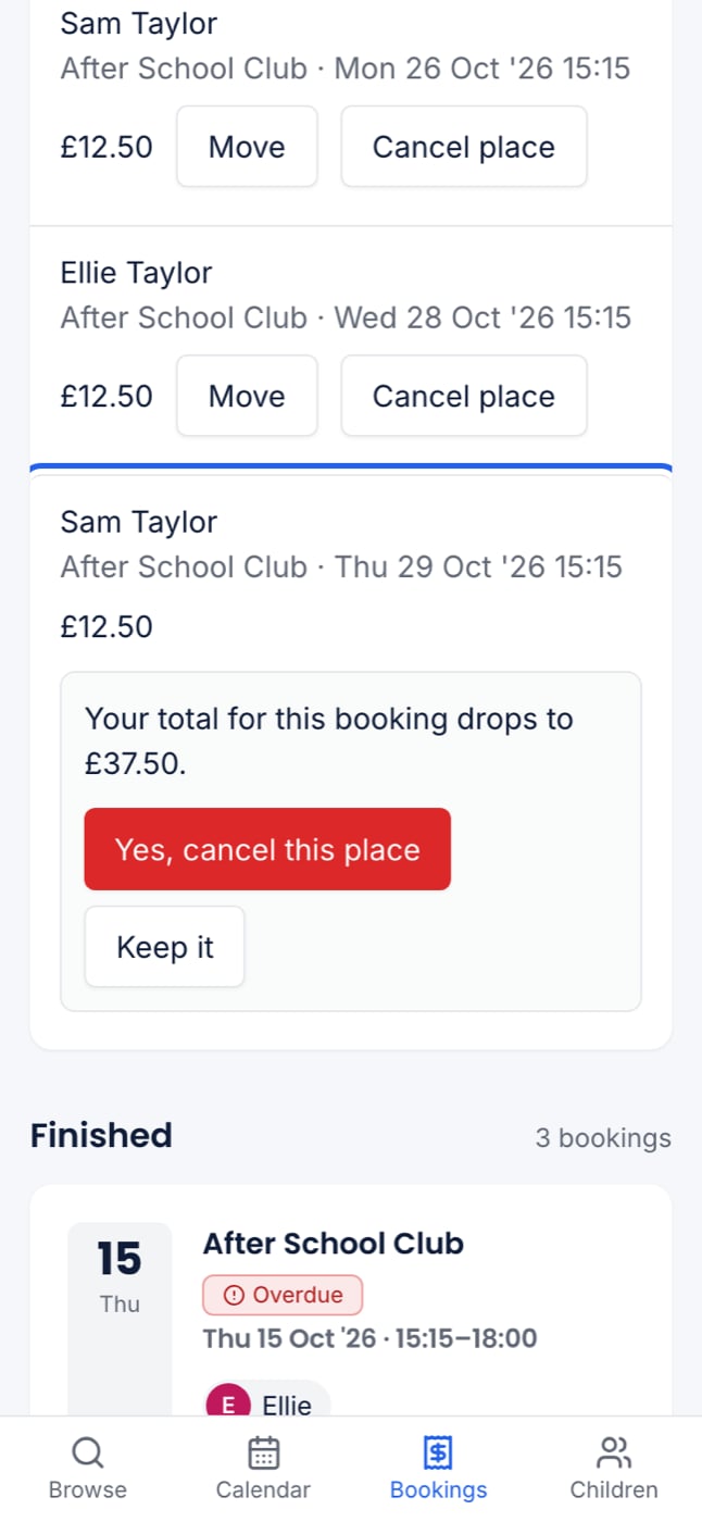 The cancel confirmation at 375px, showing the new total for the booking and Yes, cancel this place