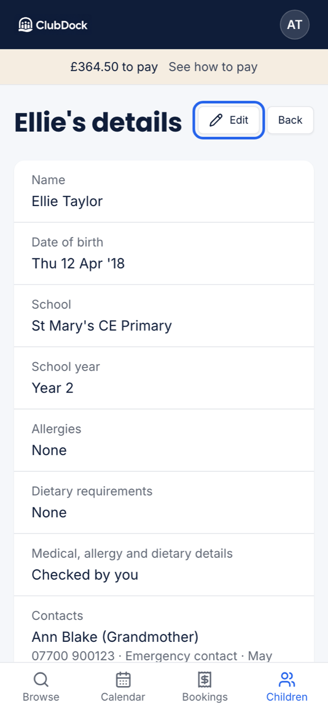 A child's page at 375px with the Edit button highlighted