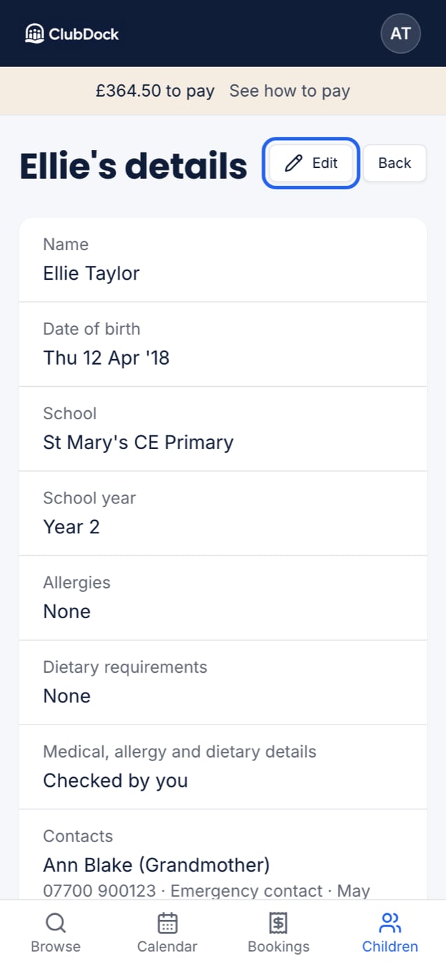 A child's page at 375px with the Edit button highlighted
