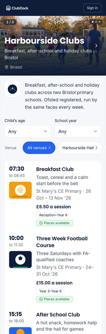 A club's page on a phone, showing its photo, name and the list of programmes with times