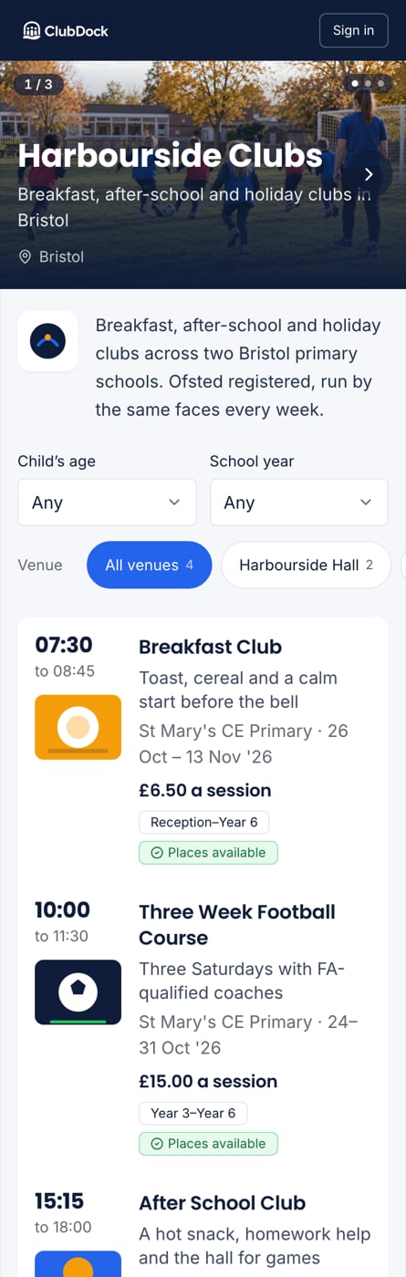 A club's page on a phone, showing its photo, name and the list of programmes with times