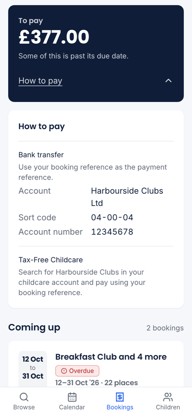 How to pay unfolded at 375px, showing the club's bank details and how to pay from Tax-Free Childcare